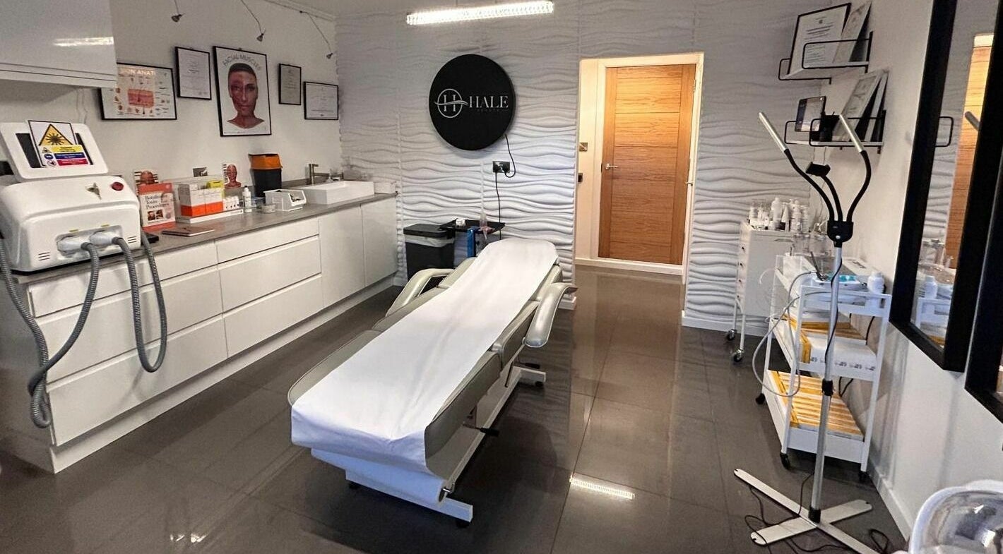 Modern treatment room at Hale Beauty in Sutton Coldfield, England, GB featuring spa equipment and decor.