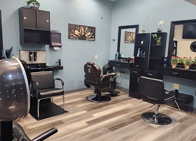 Modern seating and decor at Haven Hair Salon in East Haven, Connecticut, US, showcasing stylish hair stations.