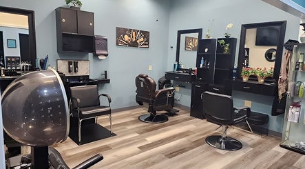 Modern seating and decor at Haven Hair Salon in East Haven, Connecticut, US, showcasing stylish hair stations.