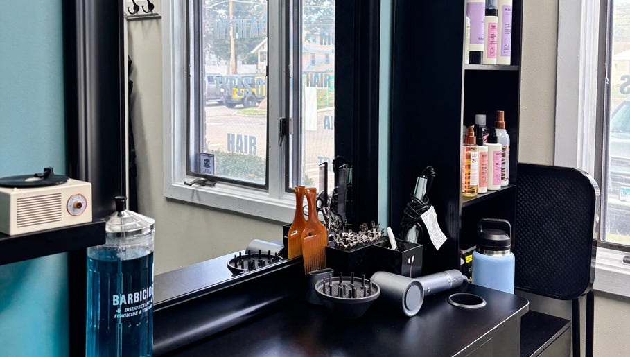 Hair styling tools on display at Haven Hair Salon in East Haven, Connecticut, US.