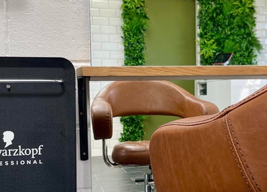 Elegant leather salon chair at Seacombe & Co. in Chichester, England, GB, featuring lush green decor.