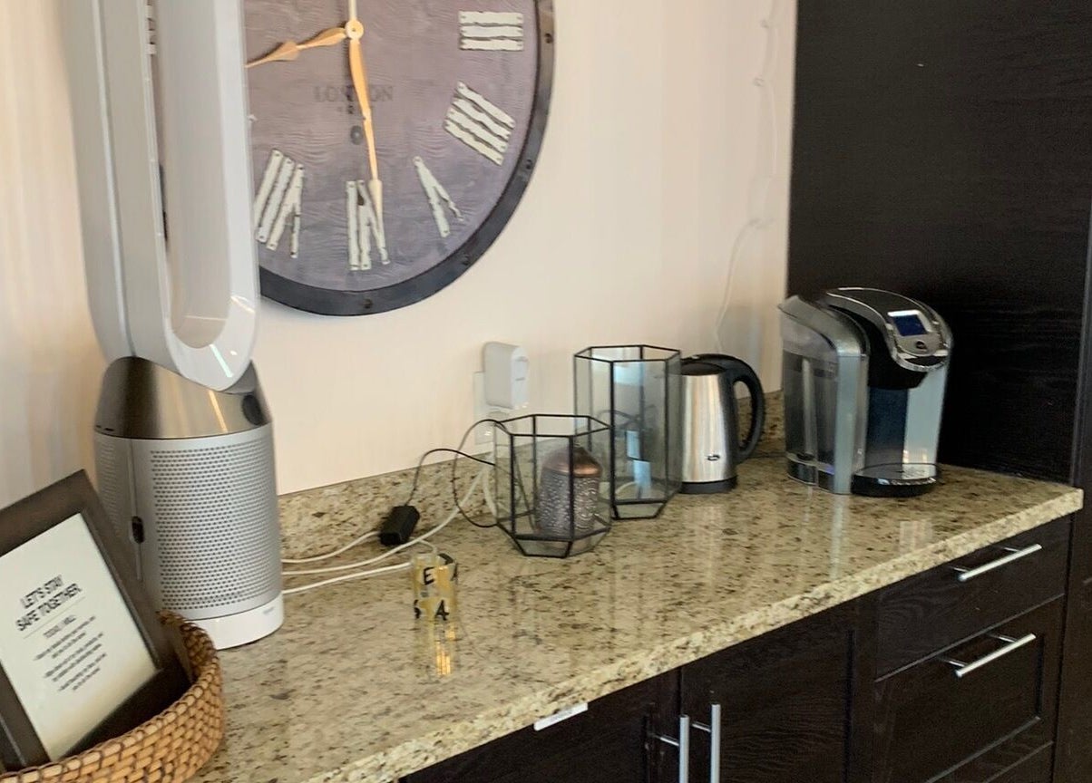 Elegant coffee setup at Adriana at Salon Vivo in San Carlos, California, US, featuring modern decor.