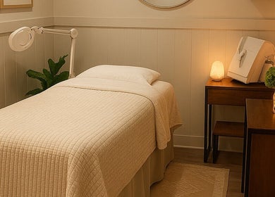 Cozy treatment room at Restoration Spa LLC, Metairie, Louisiana, US, featuring a massage bed and ambient lighting.