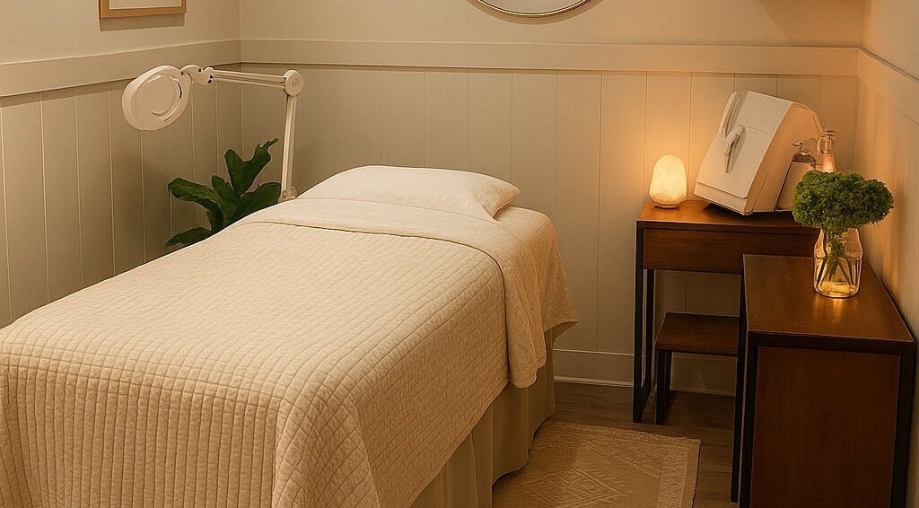 Cozy spa treatment room at Restoration Spa LLC in Metairie, Louisiana, US, featuring a massage bed and ambient lighting.