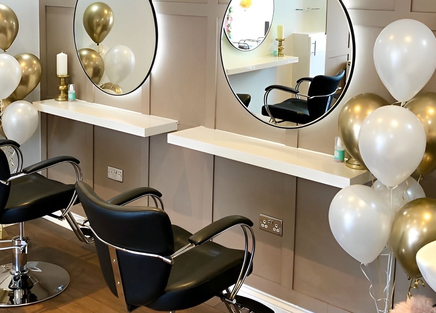 Chic salon interior at Hair Extensions by Becci, Liversedge, England, GB, featuring elegant mirrors and balloons.