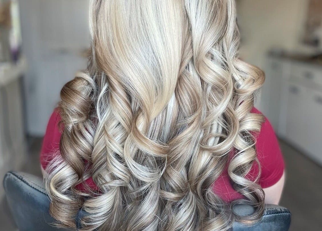 Elegant blonde curls at Hair Extensions by Becci, Liversedge, England, GB.