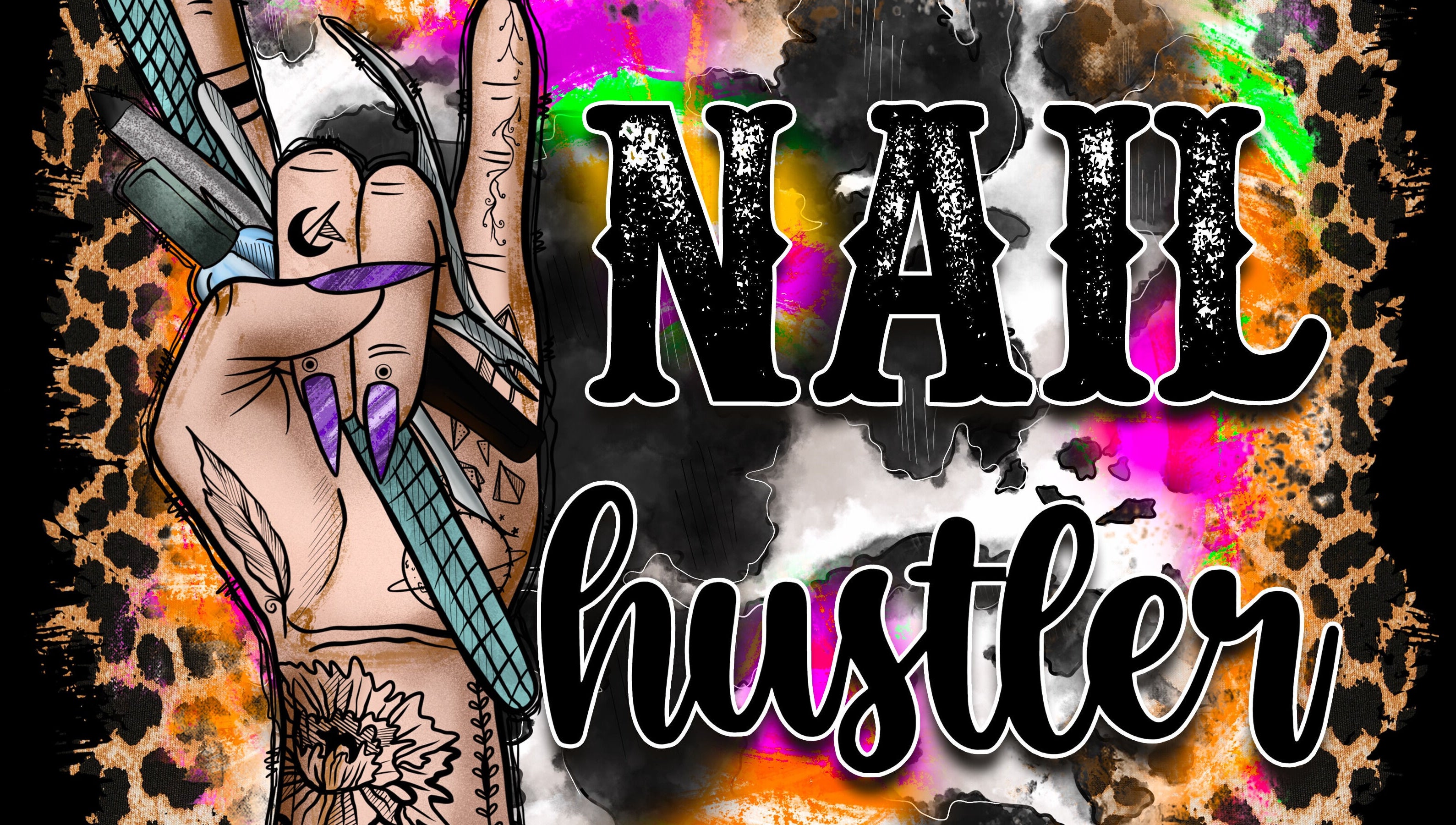 Tattooed hand holding nail tools with 'NAIL hustler' text at KBeauty PLEASE READ POLICIES DOWN BELOW, Lugoff, South Carolina, US.
