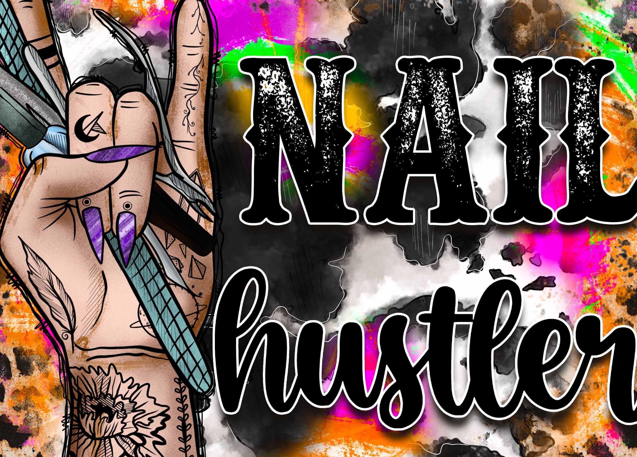 Tattooed hand holding nail tools with 'NAIL hustler' text at KBeauty PLEASE READ POLICIES DOWN BELOW, Lugoff, South Carolina, US.