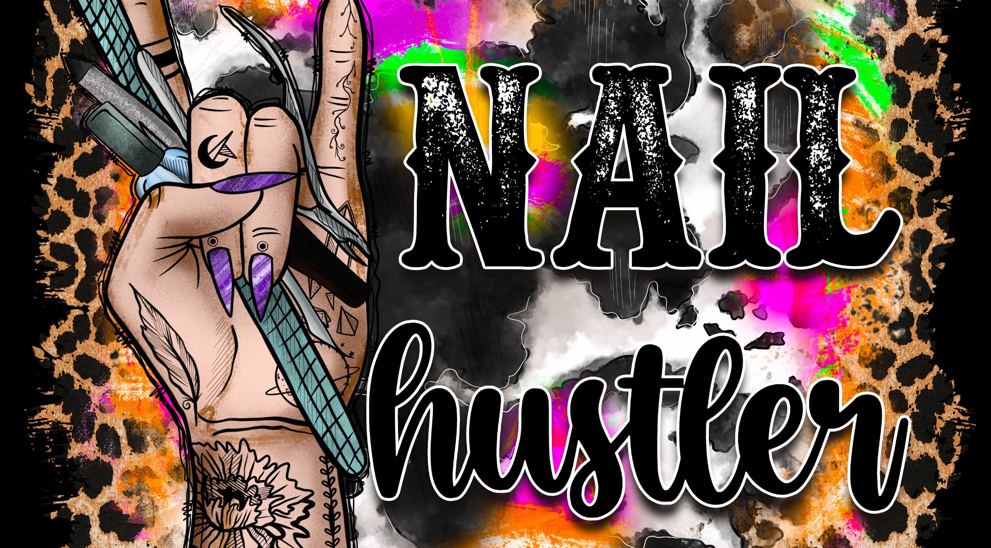 Tattooed hand holding nail tools with 'NAIL hustler' text at KBeauty PLEASE READ POLICIES DOWN BELOW, Lugoff, South Carolina, US.