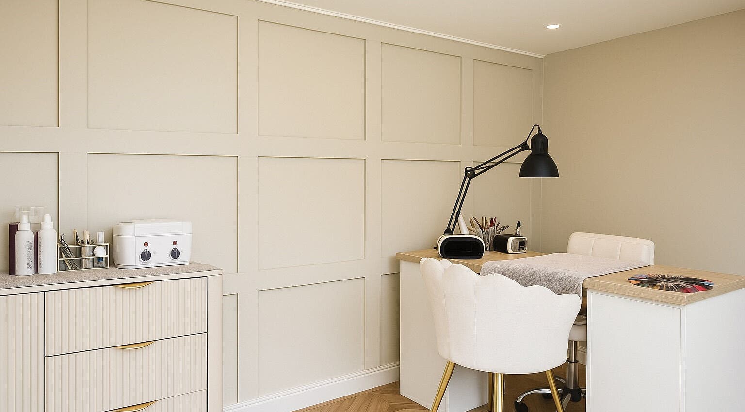 Elegant beauty treatment room at Beauty by Shelli, Howden, England, GB with modern decor and cozy seating.