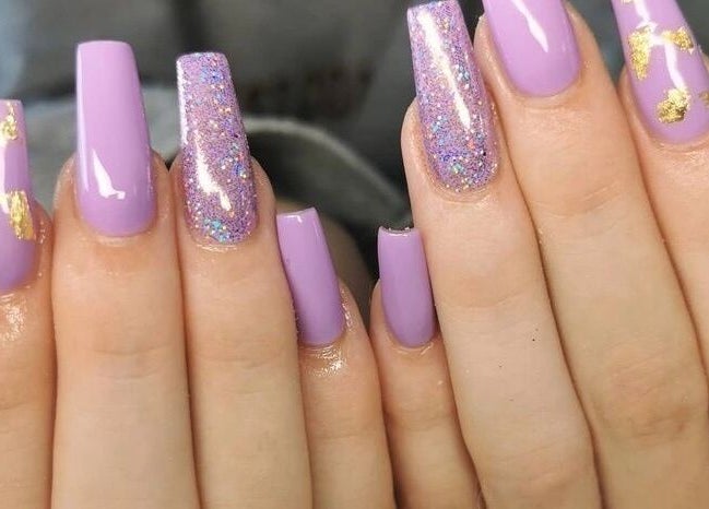 Lavender and glitter nail art at Beauty by Shelli, Howden, England, GB.