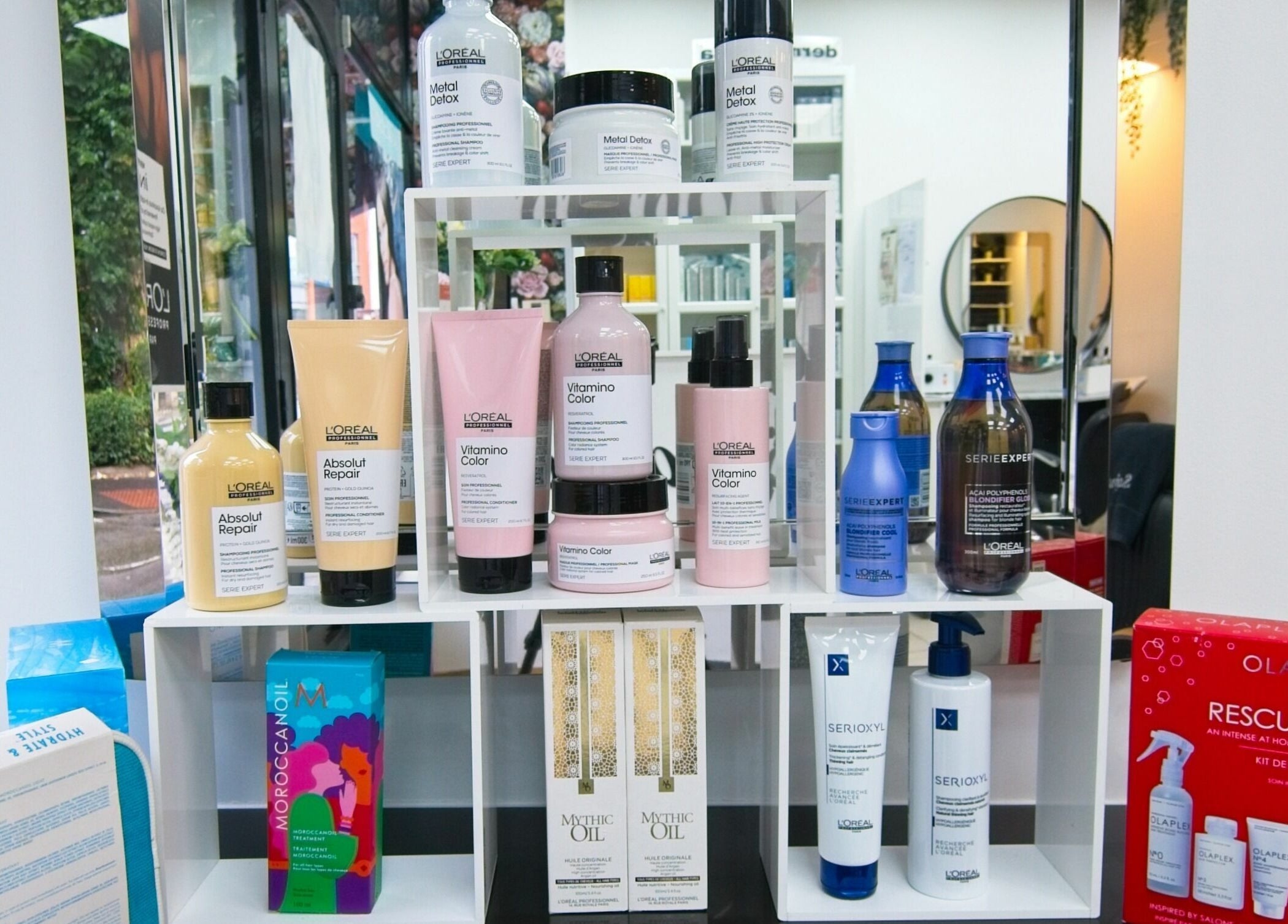 Display of beauty products at Sajna Hair & Beauty, Wimbledon showcasing premium brands. London, England, GB.