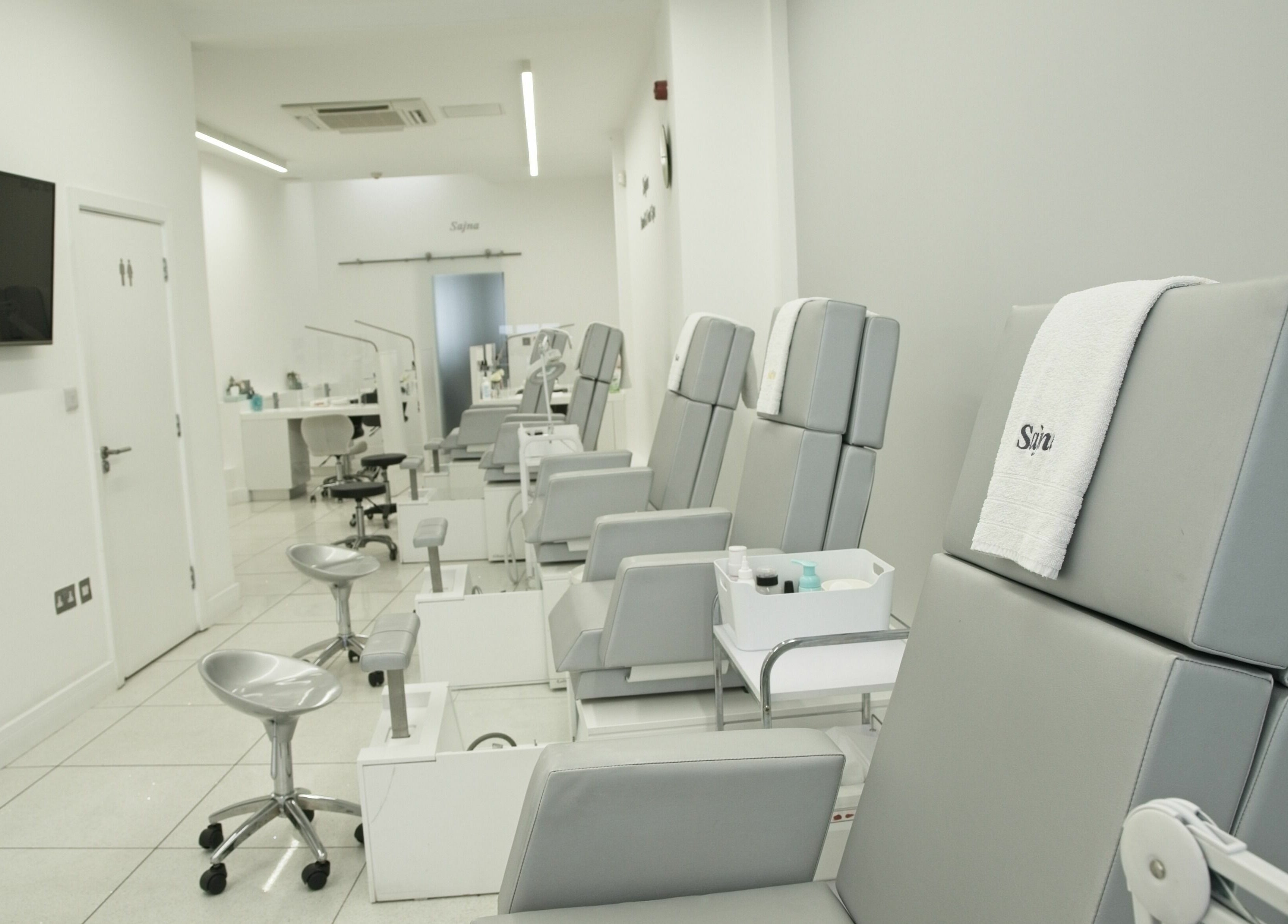 Luxurious pedicure chairs at Sajna Hand & Foot Spa, Wimbledon, London, England, GB for ultimate relaxation.