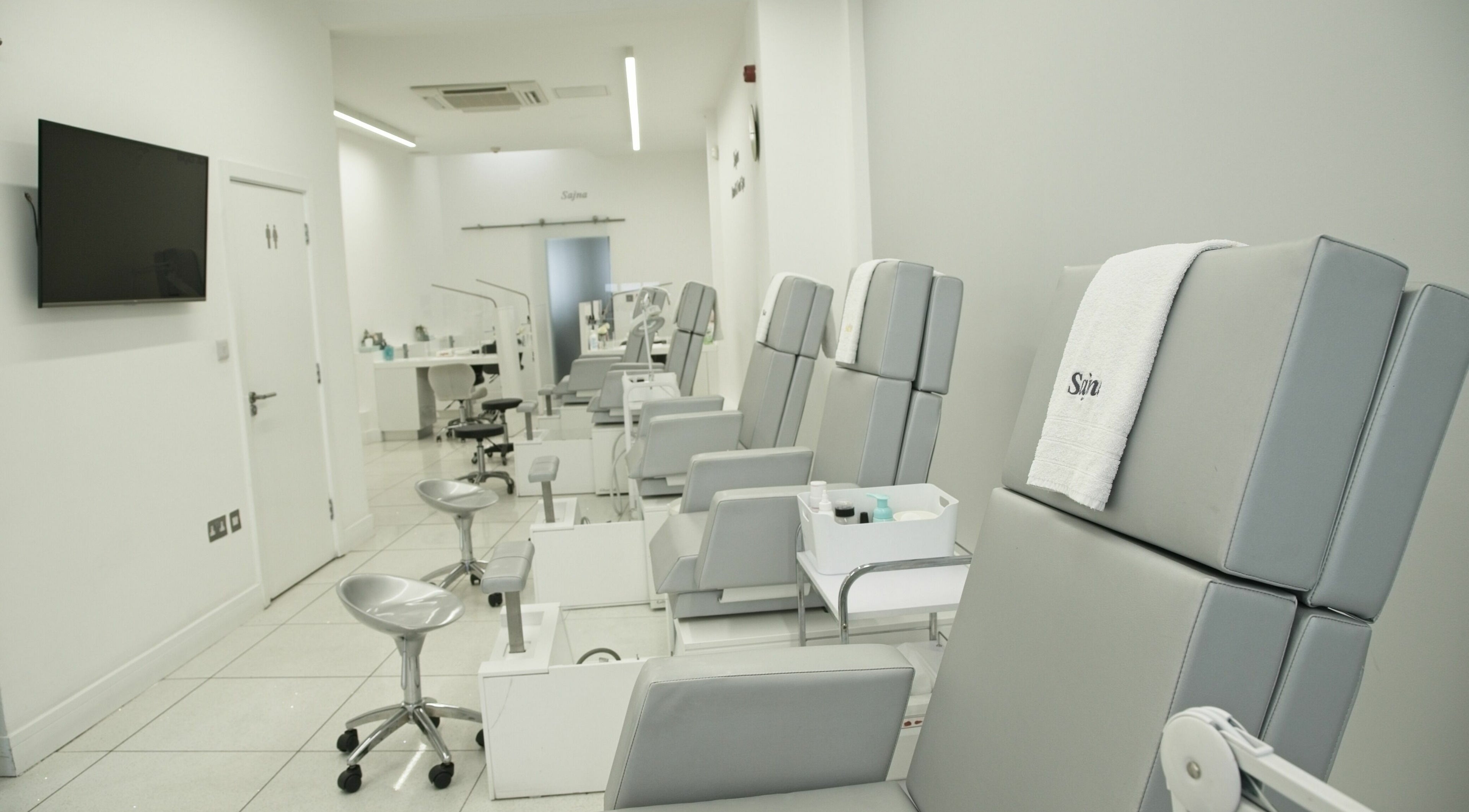 Luxurious pedicure chairs at Sajna Hand & Foot Spa, Wimbledon, London, England, GB for ultimate relaxation.