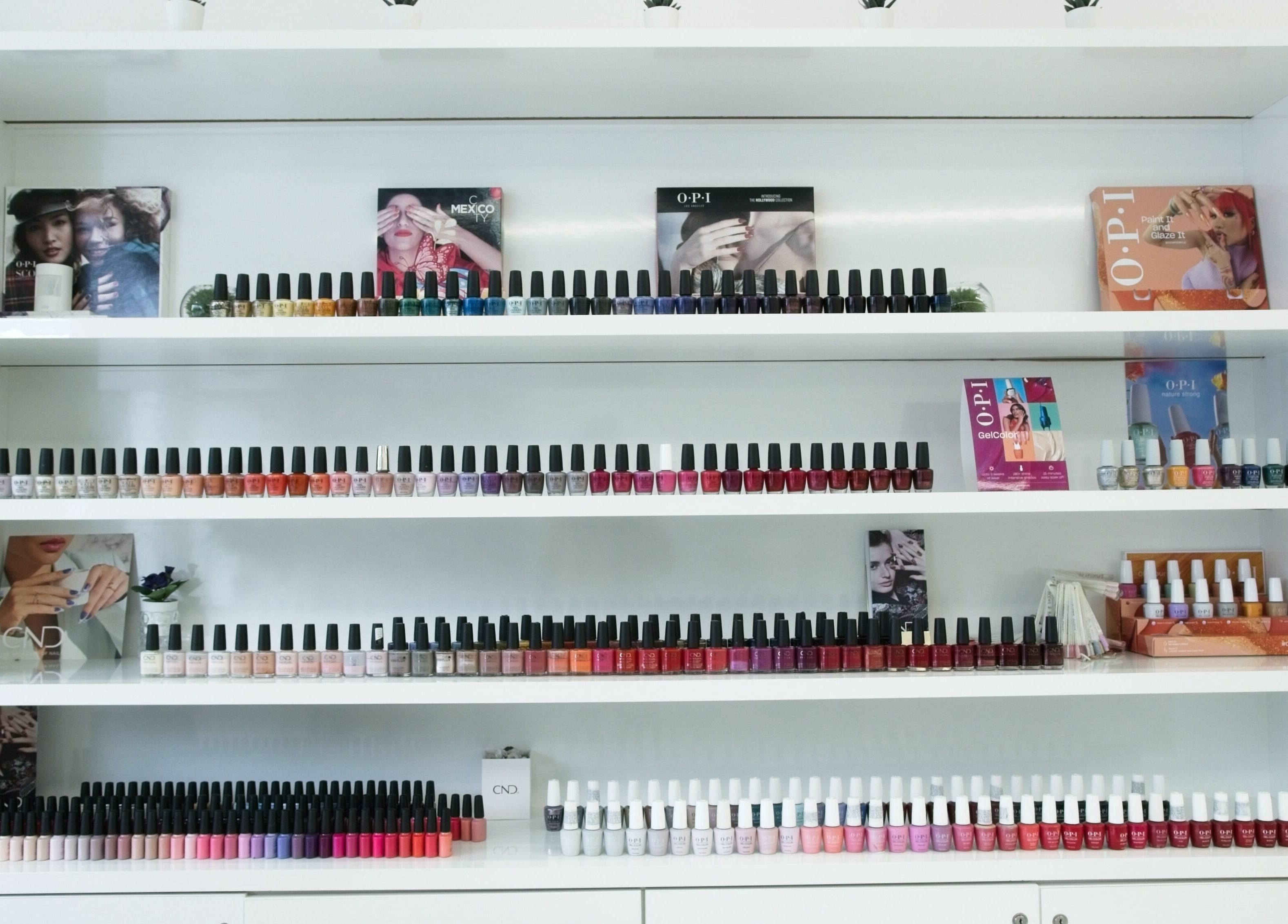 Colorful nail polish display at Sajna Hand & Foot Spa, Wimbledon in London, England, GB.