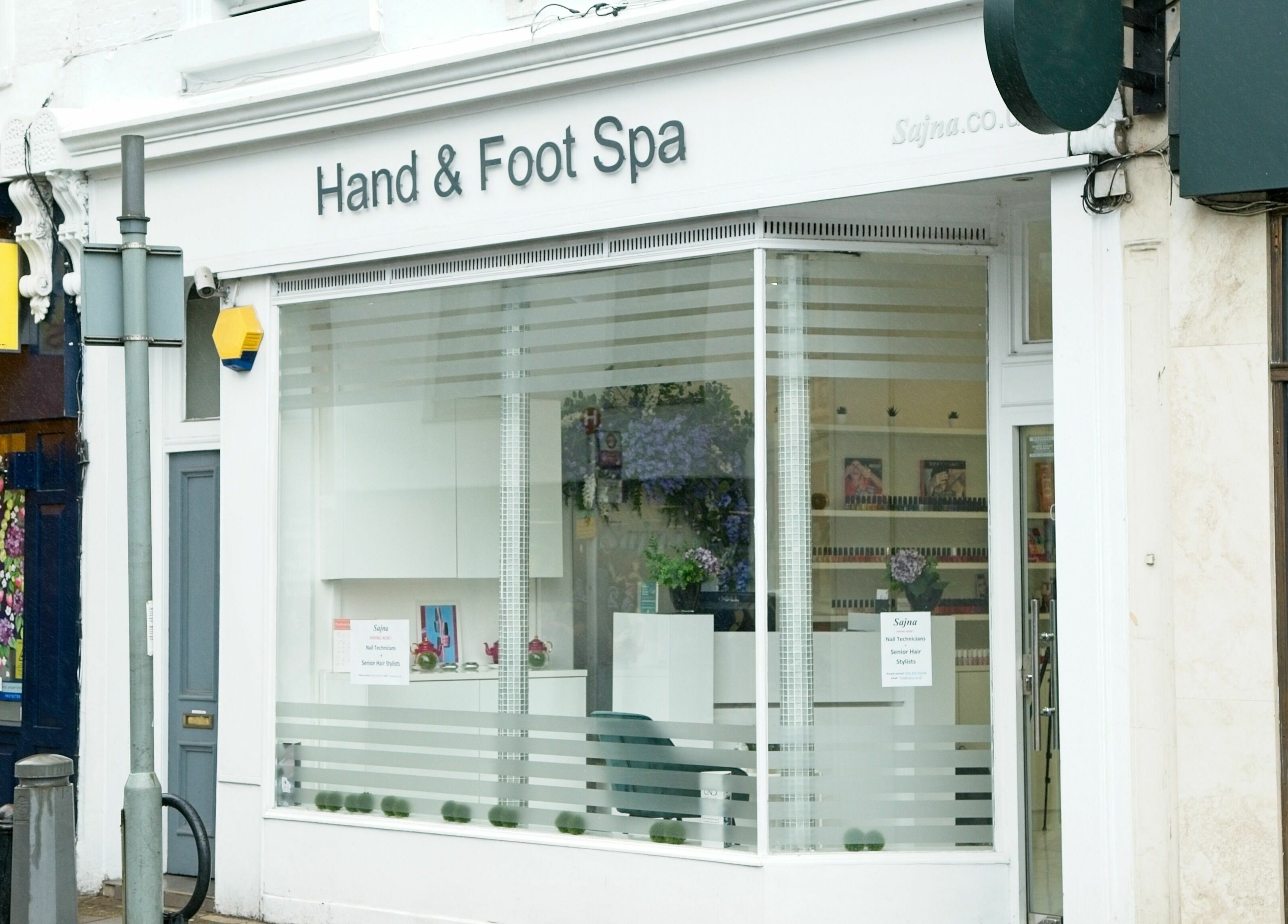 Front view of Sajna Hand & Foot Spa, Wimbledon in London, England, GB, showcasing modern spa design.