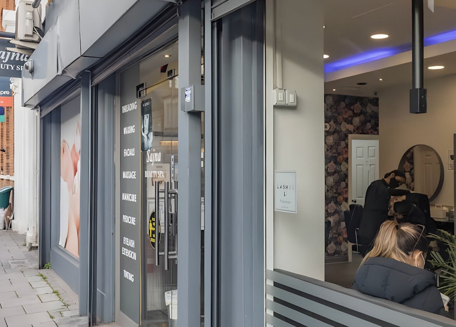 Exterior view of Sajna Beauty Spa Clapham in London, England, GB with stylish interior glimpse.