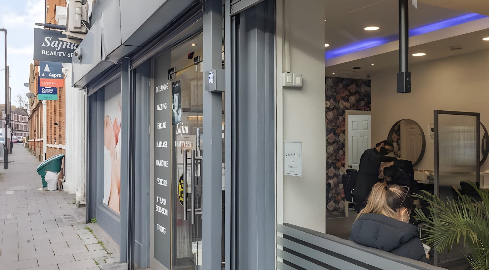 Exterior view of Sajna Beauty Spa Clapham in London, England, GB with stylish interior glimpse.