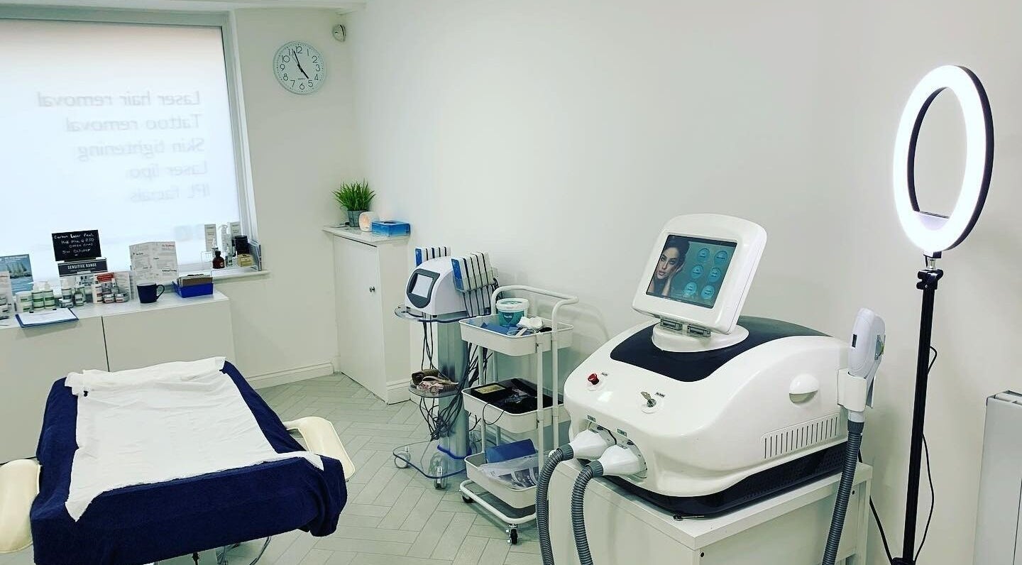 Modern laser treatment room at Pulsar Laser Studio, Bolton, England, GB. Equipped with advanced beauty technology.