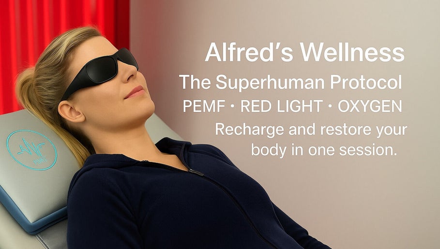 Woman relaxing at Alfred's Wellness in Willowbrook, Illinois, enjoying PEMF and red light therapy session.