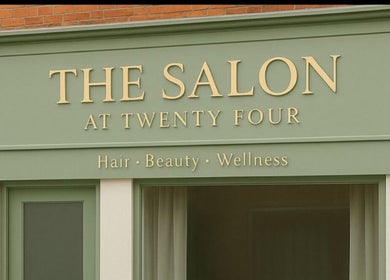 Front sign of The Salon At Twenty Four in Woodford Halse, England, offering hair, beauty, wellness services.