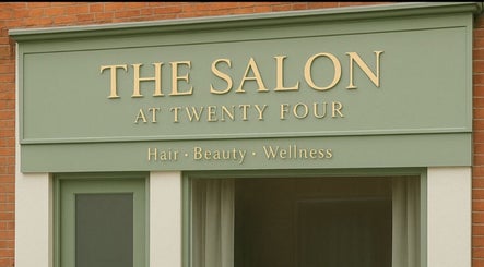 Front sign of The Salon At Twenty Four in Woodford Halse, England, offering hair, beauty, wellness services.