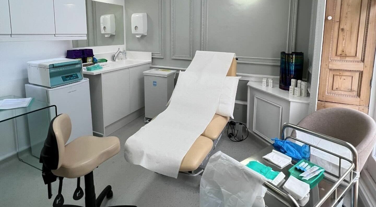 Modern treatment room at Gower Skin Aesthetics, Harley St London, showcasing facilities. Location: London, England, GB.