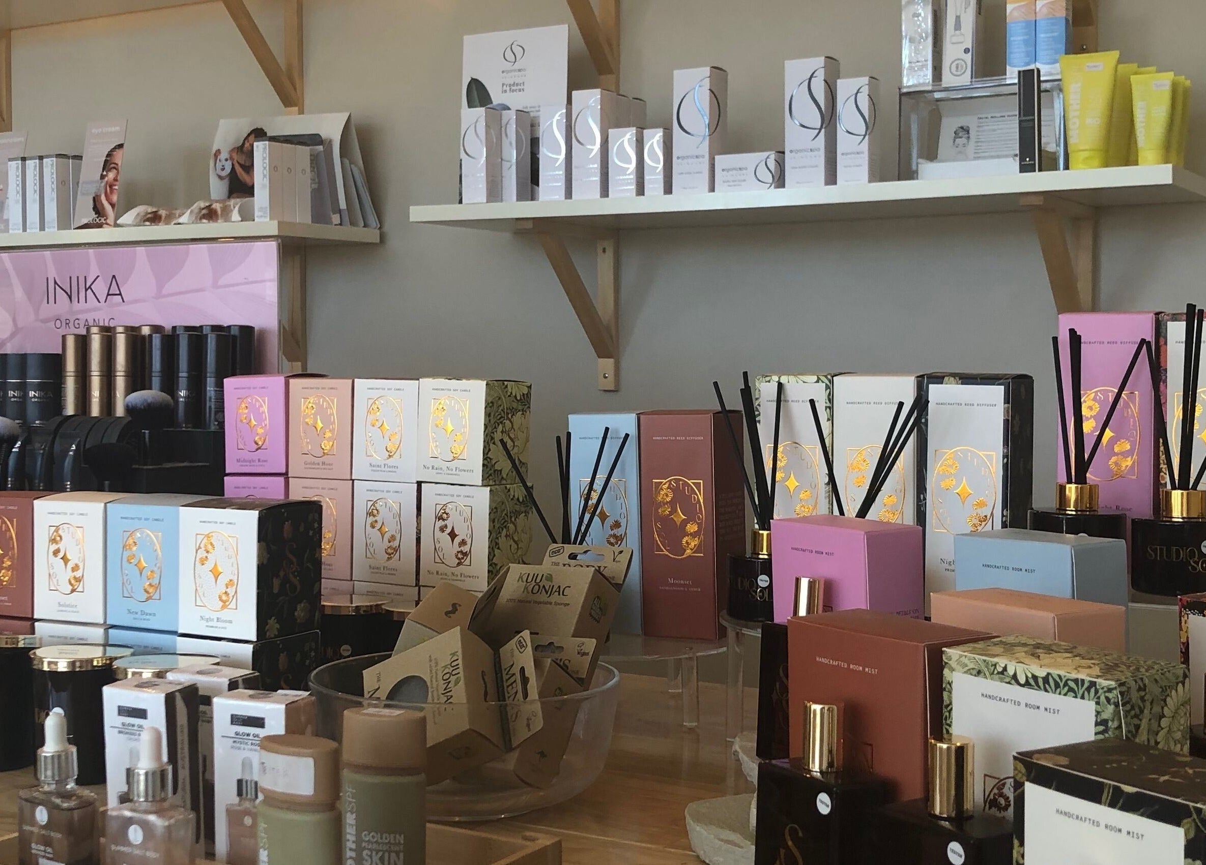 Luxurious beauty products at Eco Salon Day Spa in Bermagui, New South Wales, AU displayed elegantly.