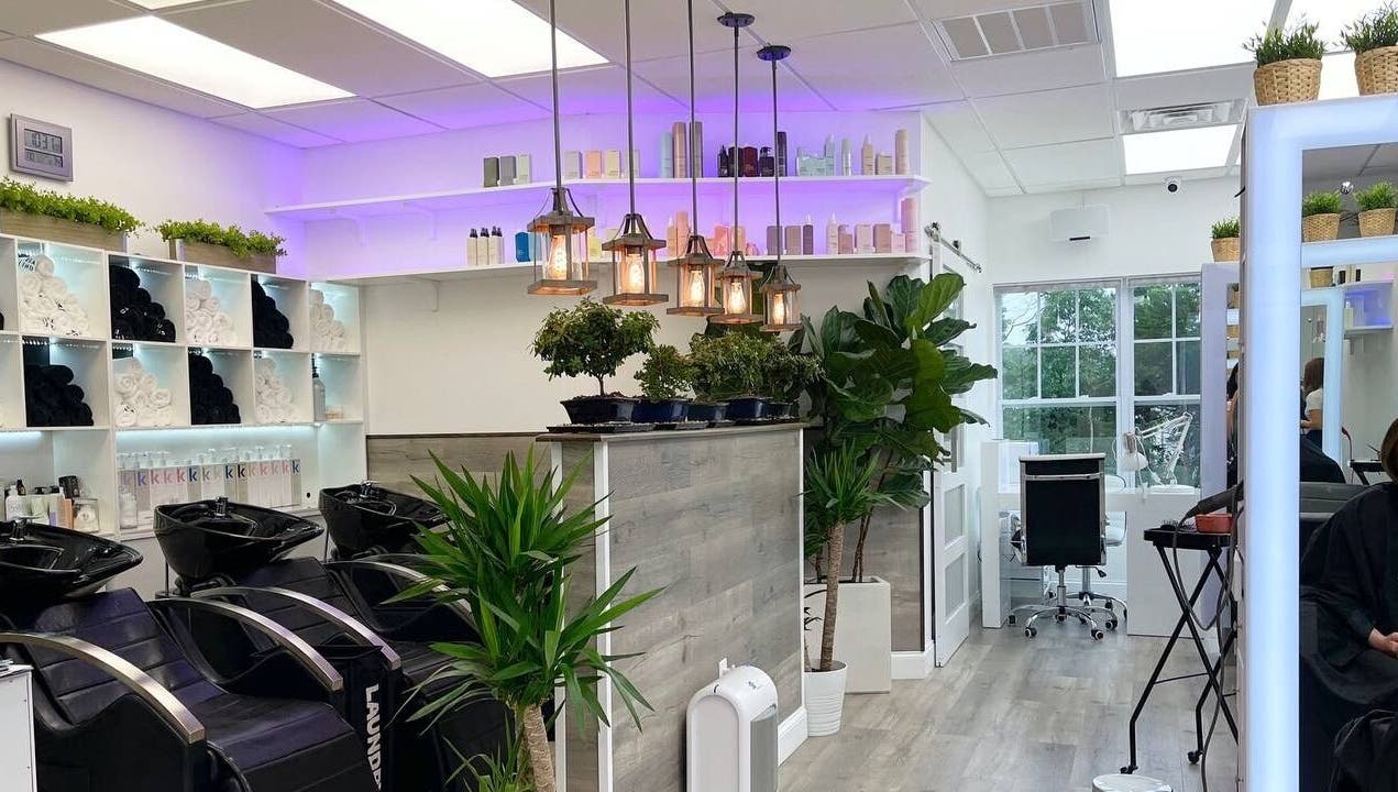 SBI SALON's stylish interior with greenery and modern decor in Englishtown, New Jersey, US.