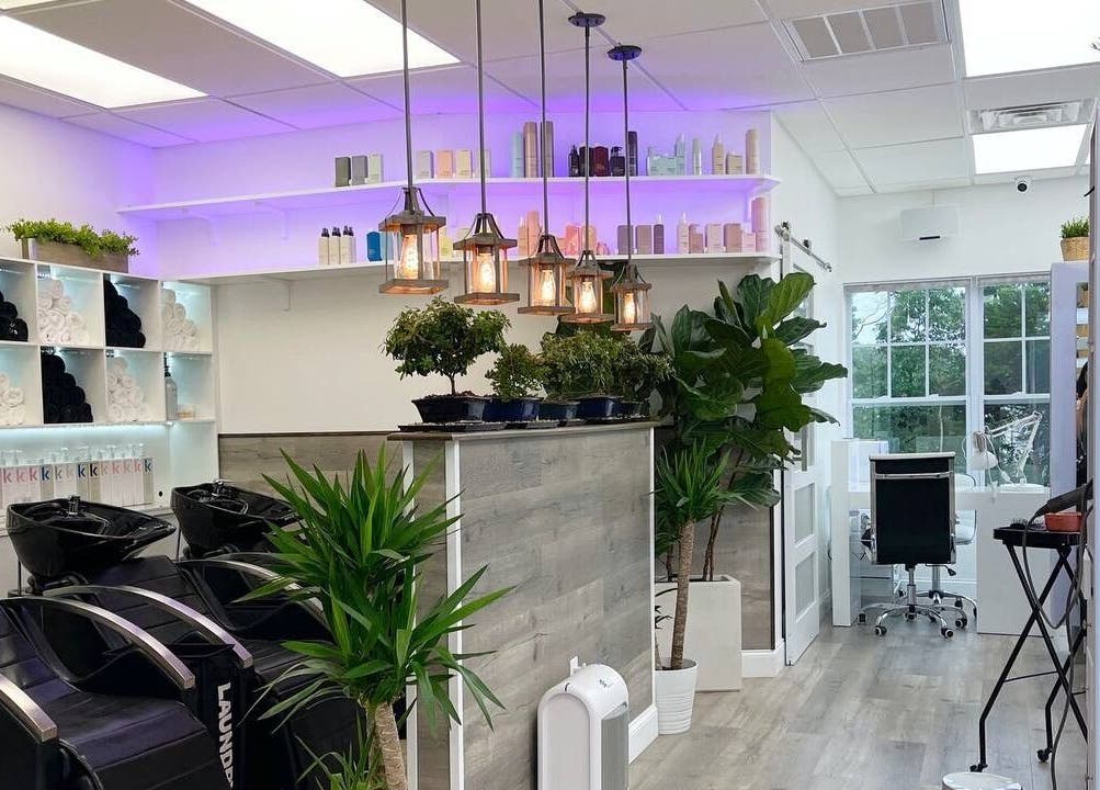 SBI SALON's stylish interior with greenery and modern decor in Englishtown, New Jersey, US.