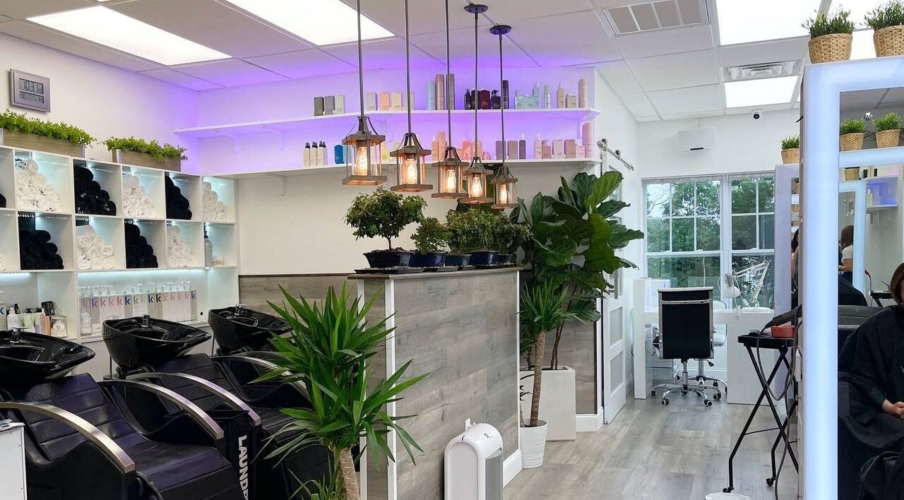 SBI SALON's stylish interior with greenery and modern decor in Englishtown, New Jersey, US.