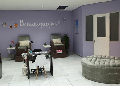 Stylish seating and decor at Beaunique Beauty Studio Casino, Welkom, Free State, ZA.