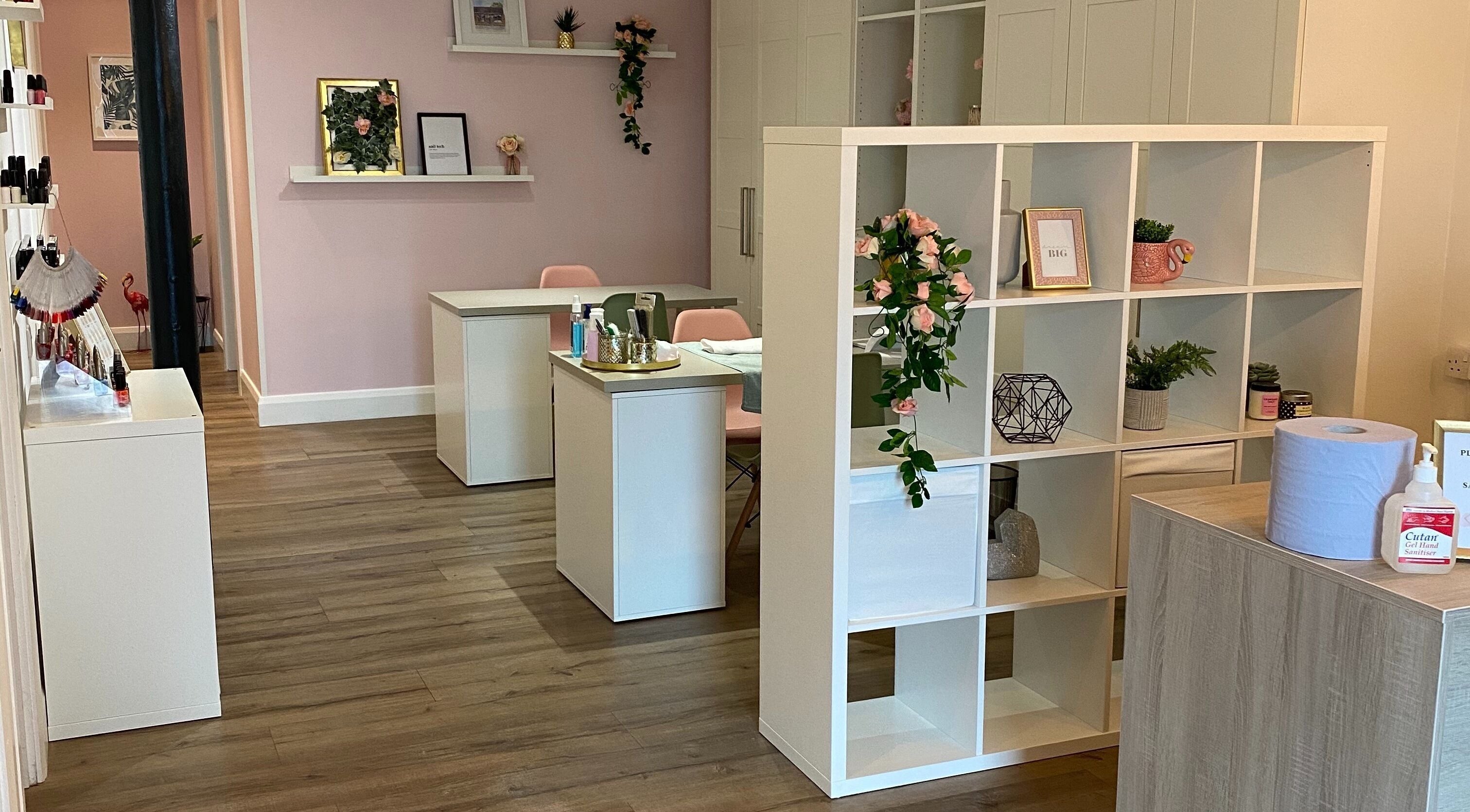 Elegant salon at The Beauty House in Broughshane, Northern Ireland, GB, featuring modern decor and pastel accents.