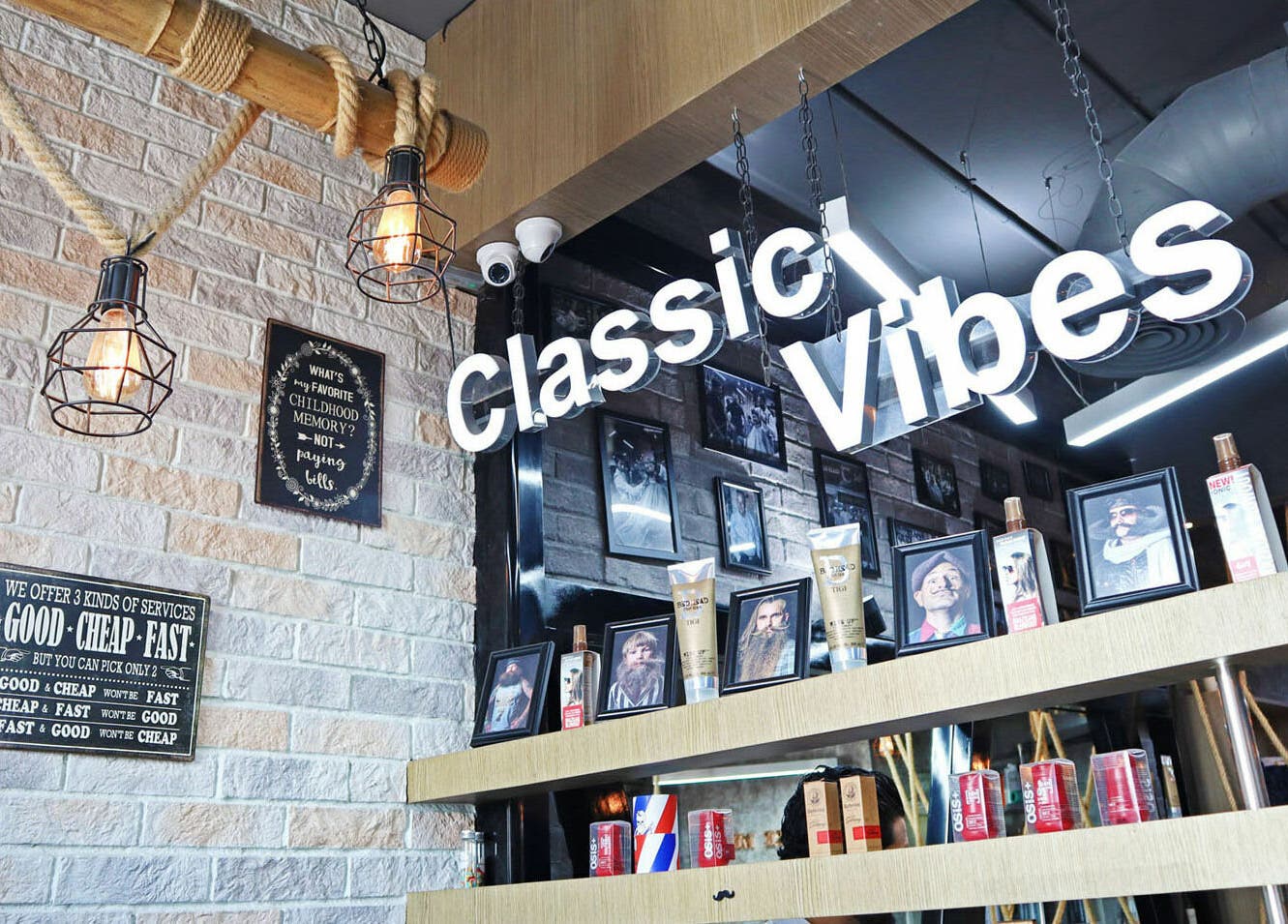 Interior of Classic Vibes Gents Salon in Dubai showcasing stylish decor and product display.