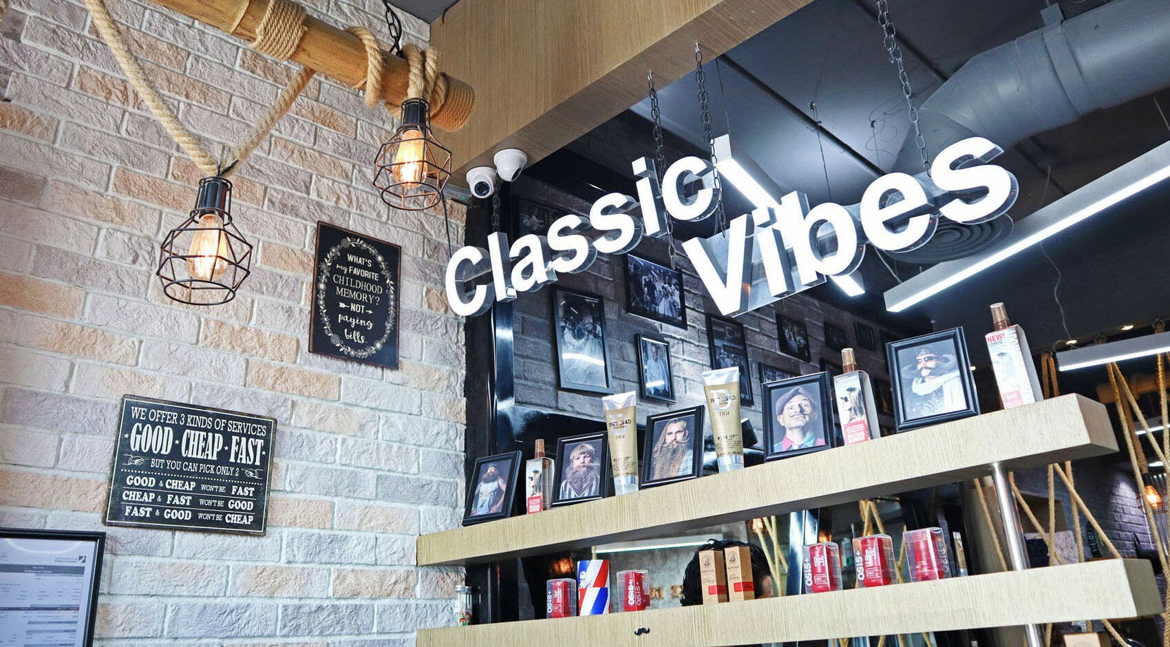 Interior of Classic Vibes Gents Salon in Dubai showcasing stylish decor and product display.