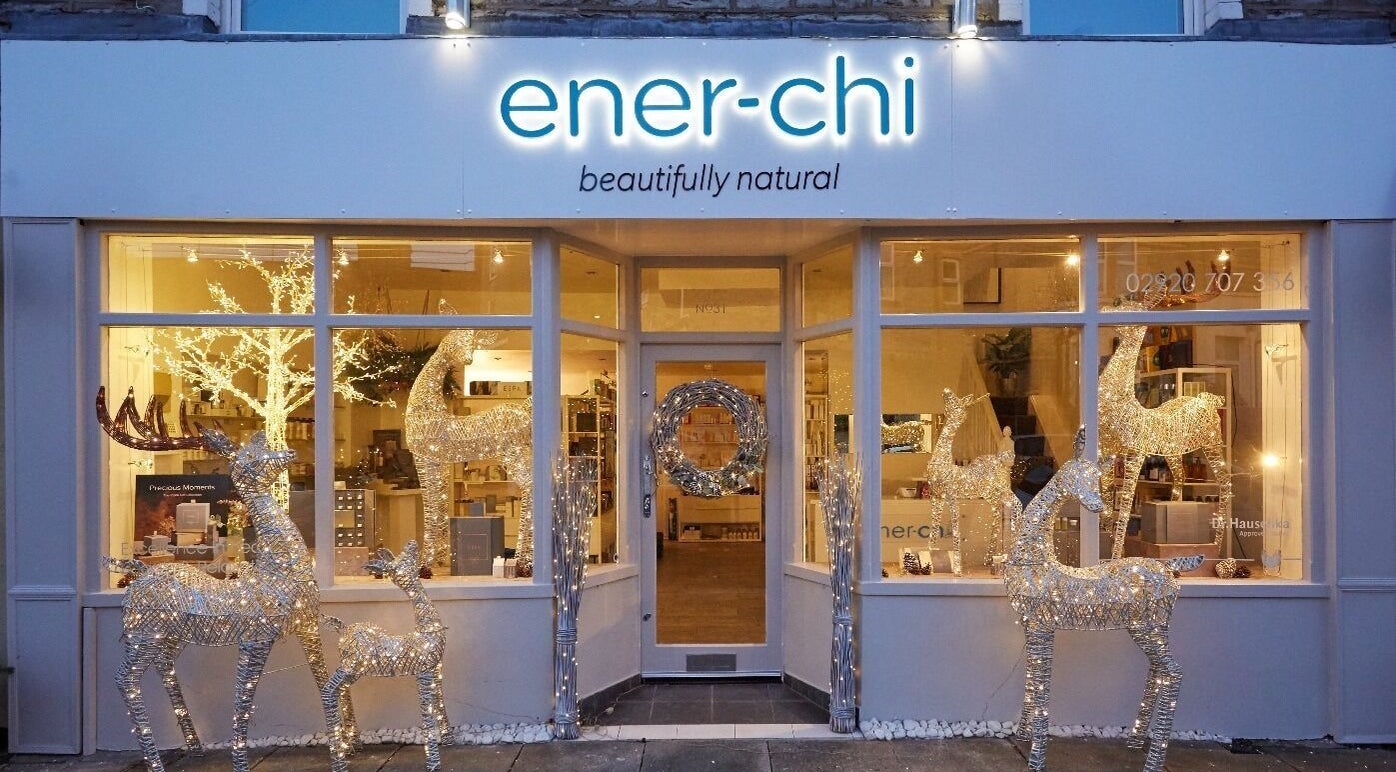 Front view of Ener-Chi Penarth in Wales, GB, with illuminated reindeer decorations and welcoming ambiance.