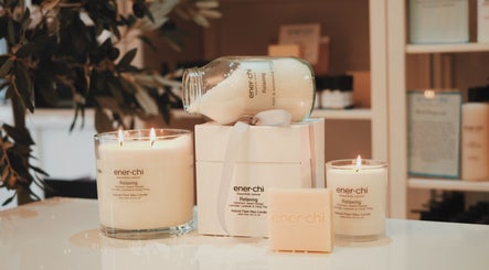 Ener-Chi Penarth candle display with bath salts and gift box in Penarth, Wales, GB.