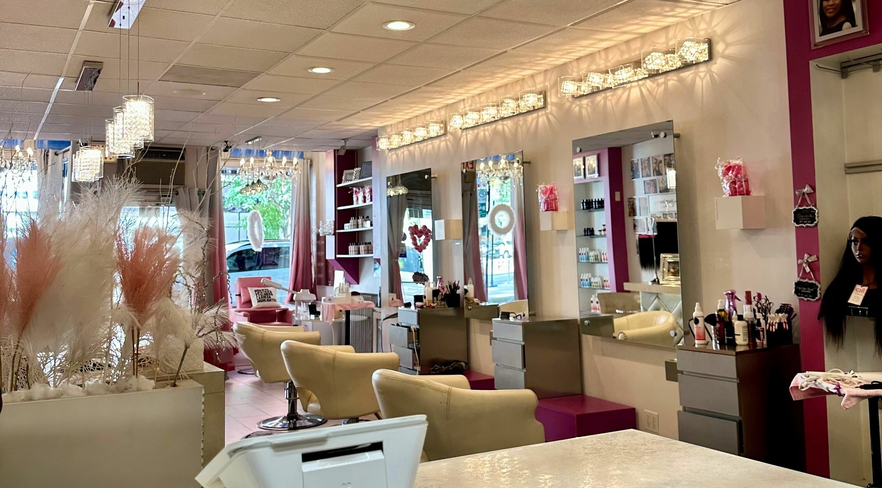 Elegant interior of Chi Hair Imports in Chicago, Illinois, US with stylish salon chairs and modern decor.