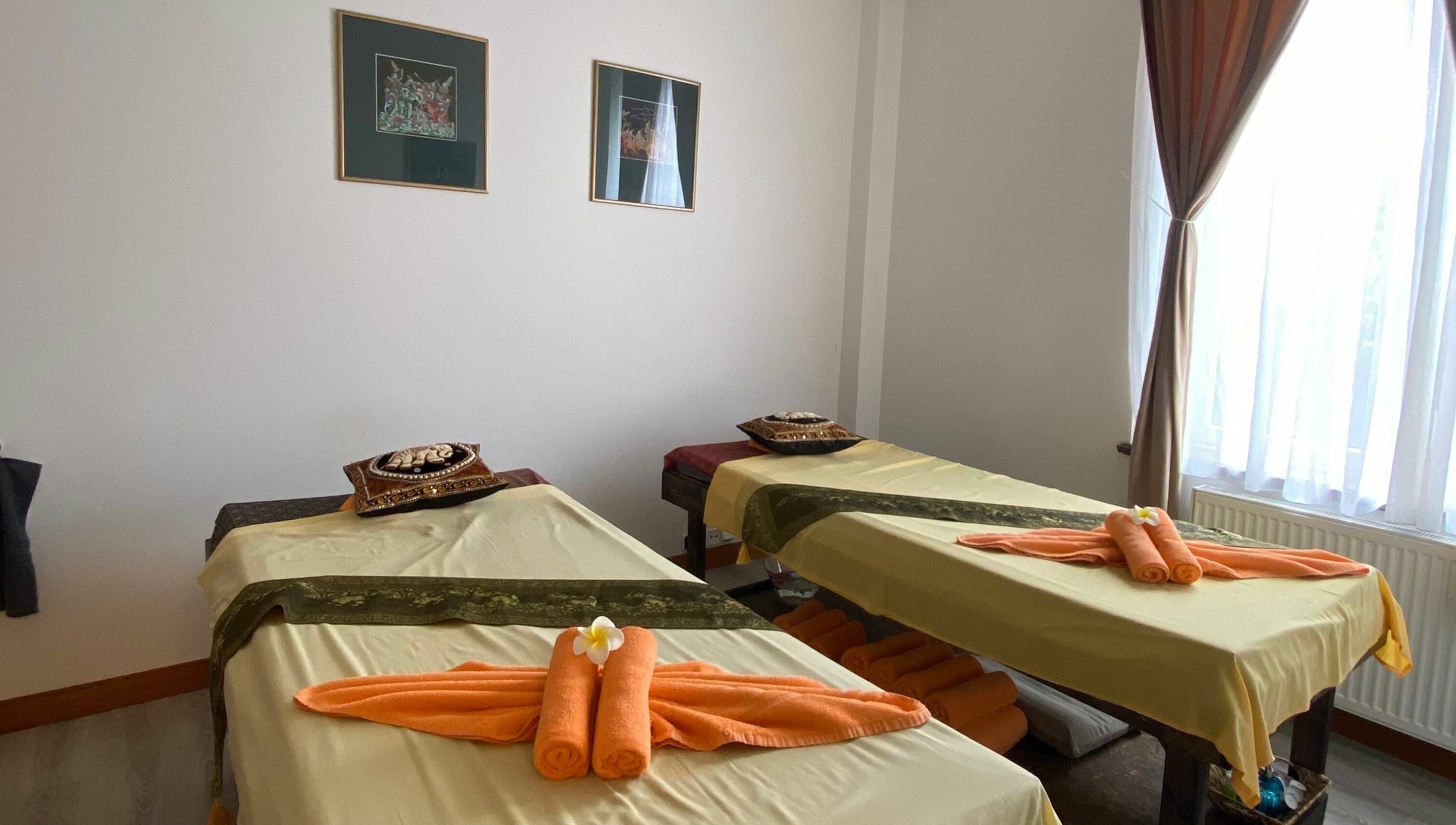 Calming massage room at Gold Hand Thai Massage | Prague 6, Praha 6, CZ, featuring two therapy beds.