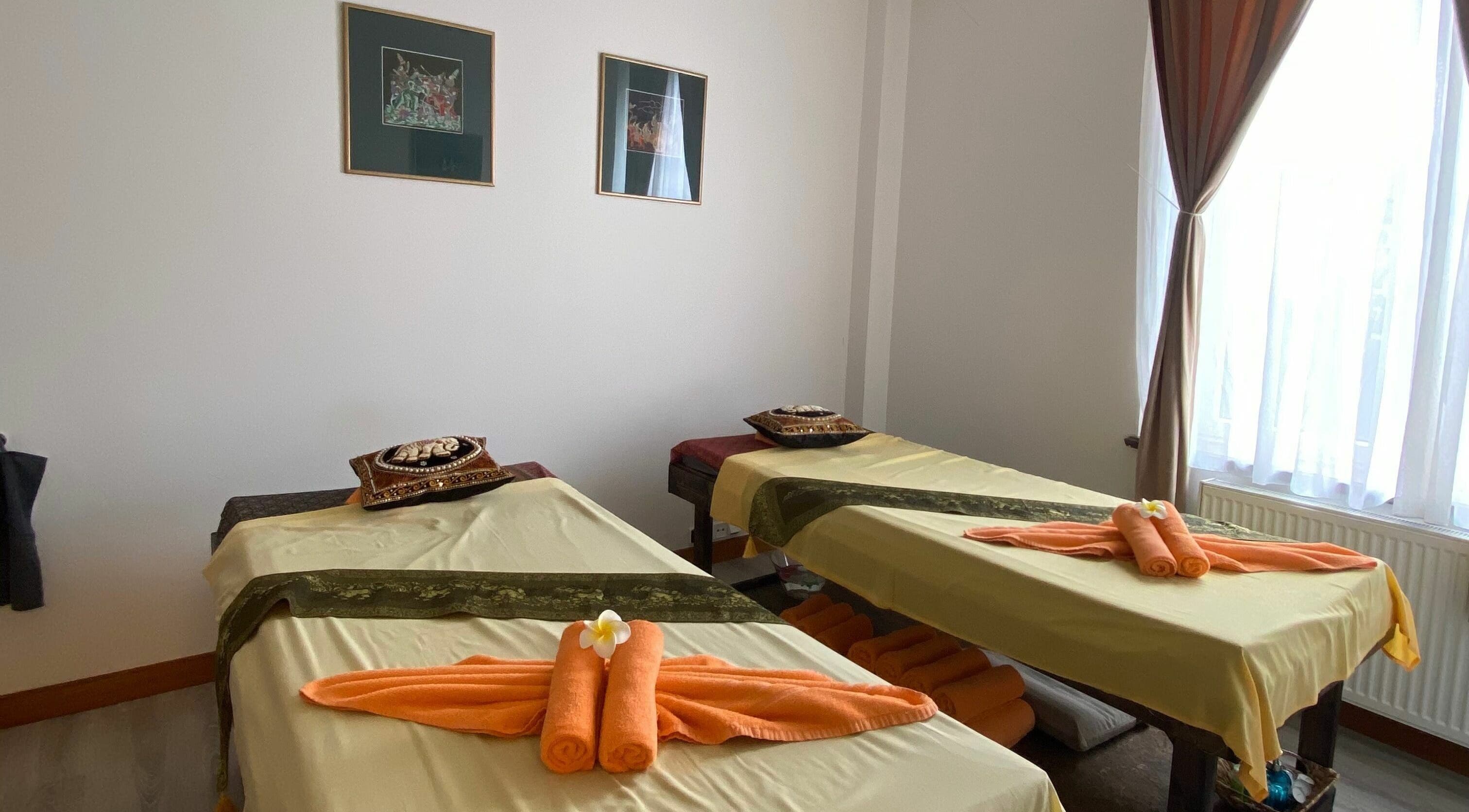Calming massage room at Gold Hand Thai Massage | Prague 6, Praha 6, CZ, featuring two therapy beds.