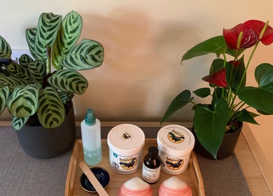 Spa products and plants at Alex Hammond Knowles, Berkhamsted, England, GB.