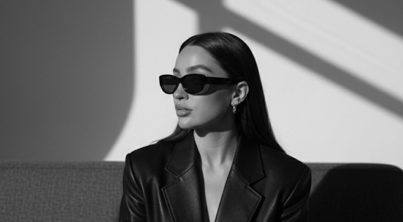 Elegant woman in sunglasses at LucyJBeauty, Crawley, GB, embracing modern style and confidence.