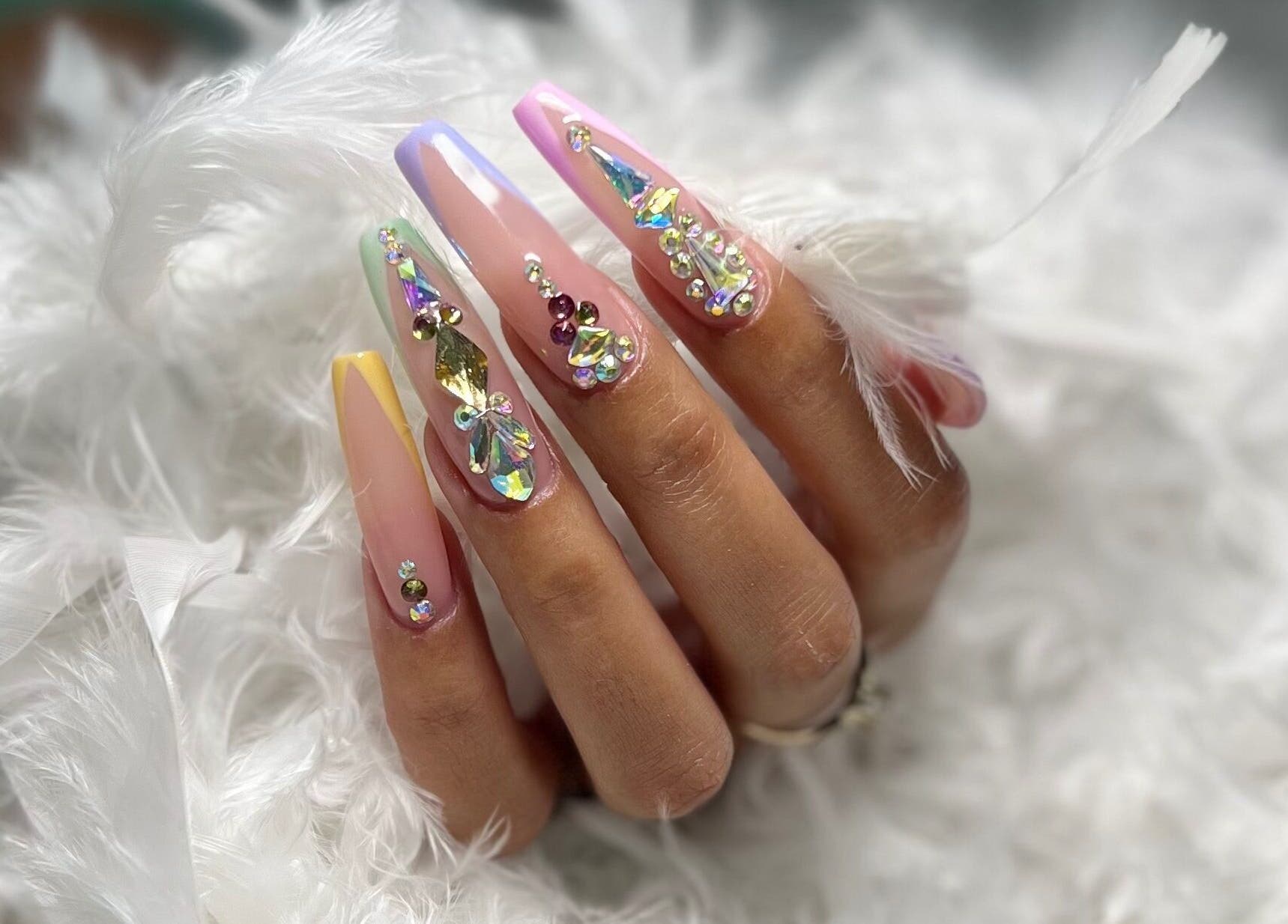 Intricate, colorful gemstone nails at Nail Salon Qualitatif, Port Elizabeth, Eastern Cape, ZA.