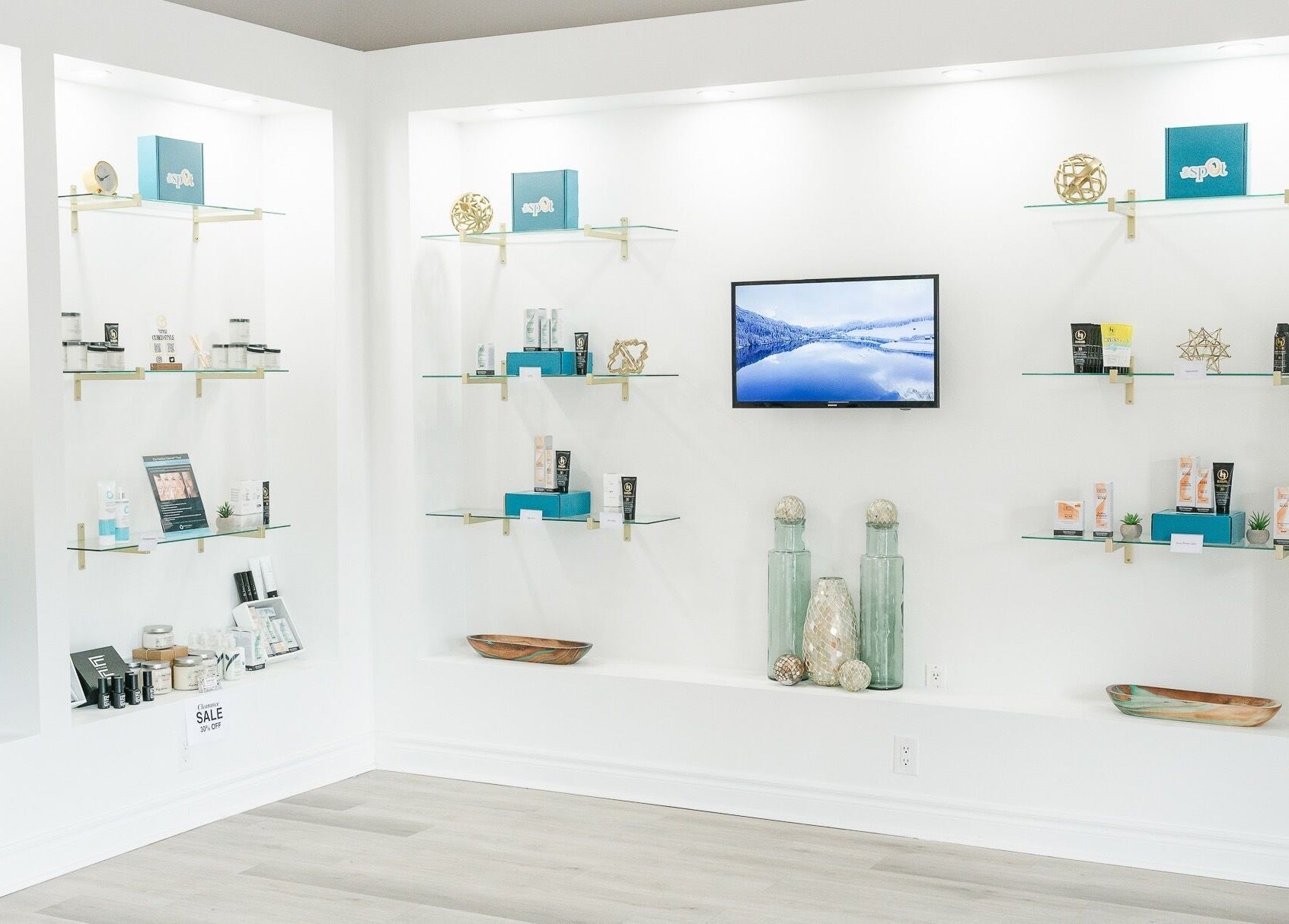Sleek product display at The O Spot Skin Care Clinic, Ajax, Ontario, CA featuring skincare items.