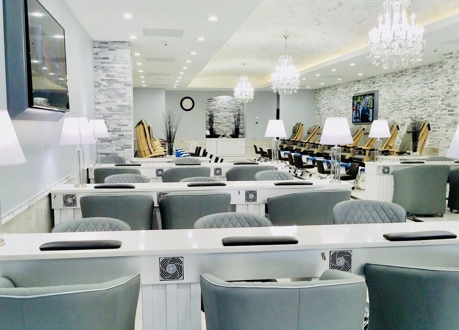 Sleek interior of Wynn Nail Spa in Maineville, Ohio, US, showcasing modern decor and nail stations.