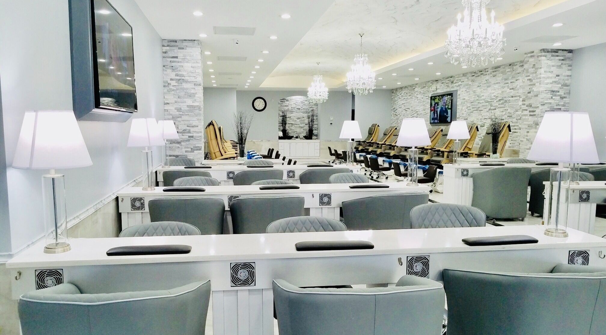Sleek interior of Wynn Nail Spa in Maineville, Ohio, US, showcasing modern decor and nail stations.