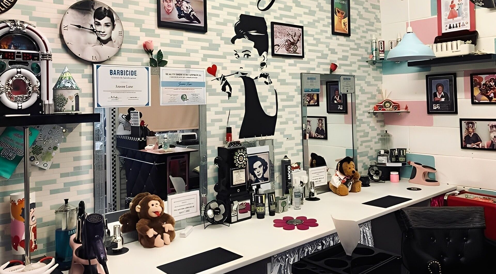 Chic Audrey Hepburn-themed decor at Betty's Hair Salon, Morecambe, England, GB.