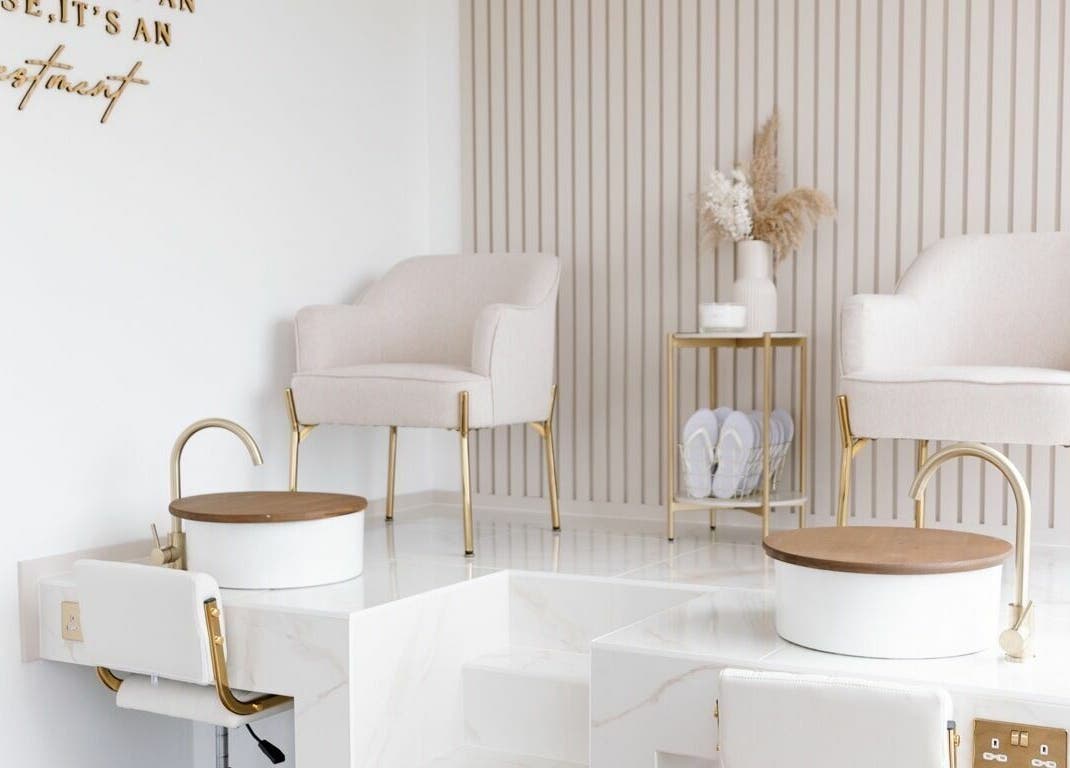 Elegant pedicure chairs at The Beauty Studio in Canterbury, England, GB, offering tranquil wellness services.