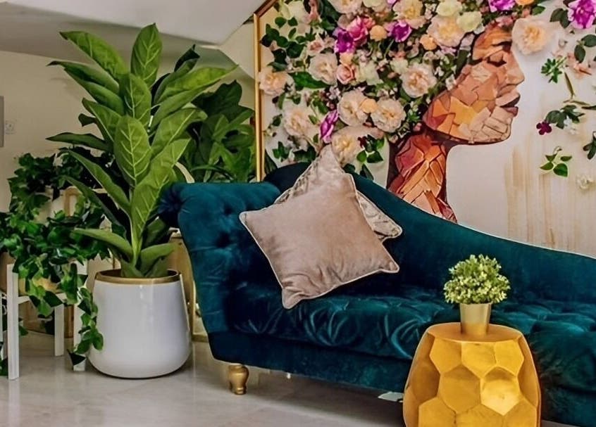 Elegant green sofa at Rejuvenee Spa & Wellness Center, Lagos, surrounded by lush plants and artful decor.