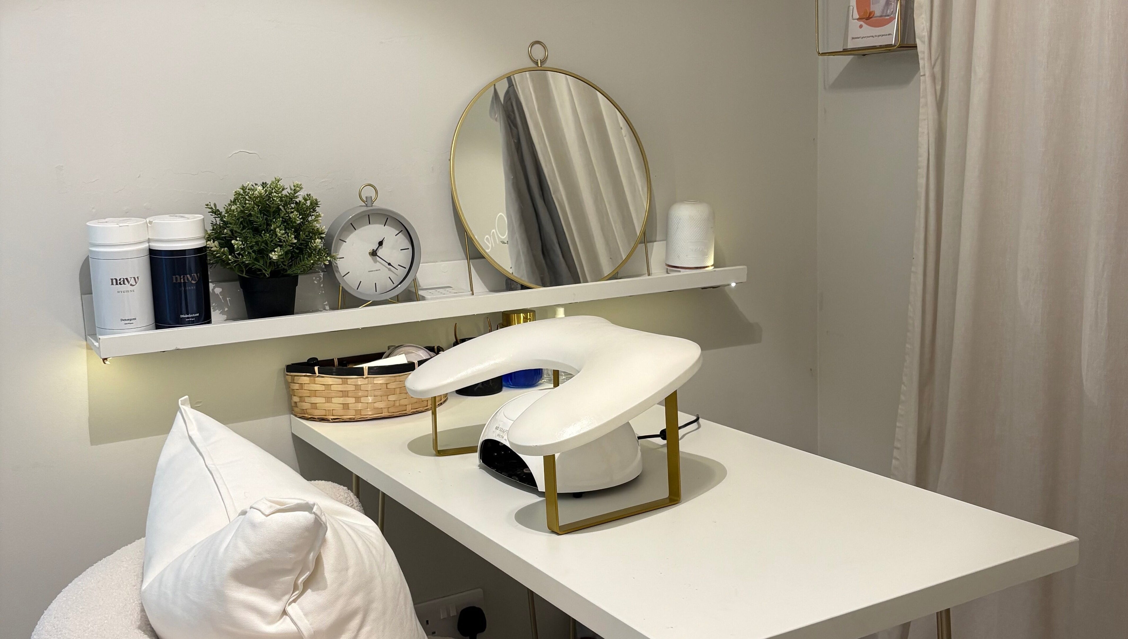 Chic nail treatment station at Mark One Beauty, Exeter, England, GB showcasing modern elegance and comfort.